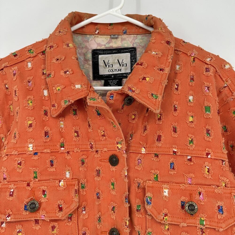 Via Via Couture Denim Jacket XL Orange Trucker Embroidered Textured Boho Retro - Picture 2 of 12
